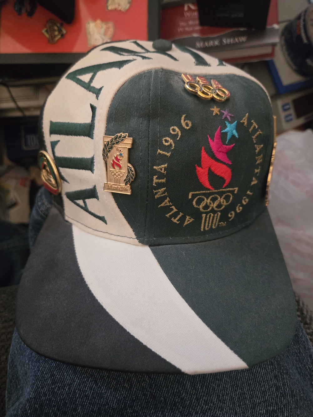 Atlanta 1996 Olympic Green & White Baseball Cap With Pins